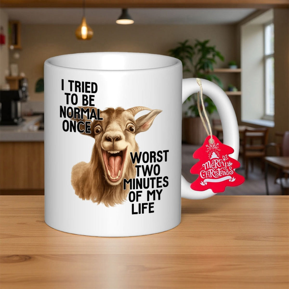 Tailorly White Ceramic 11 oz Mug - I Tried To Be Normal Once Worst Two Minutes Of My Life Expressive Brown Head With Wide Open Laughing Mouth Goat