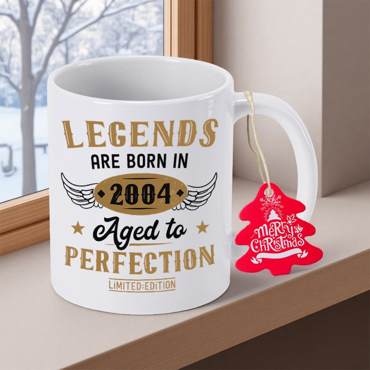 Tailorly White Ceramic 11 oz Mug - Legends Are Born In 2004 Aged To Perfection Limited Edition Elegant White Ceramic Body Featuring Wings And Golden Stars Mug