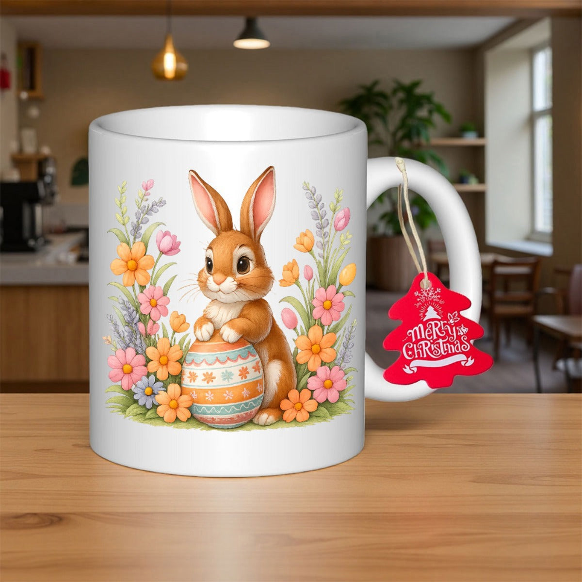 Tailorly White Ceramic 11 oz Mug - Cute Brown Bunny Holding Decorative Easter Egg Among Colorful Spring Blossoms Rabbit