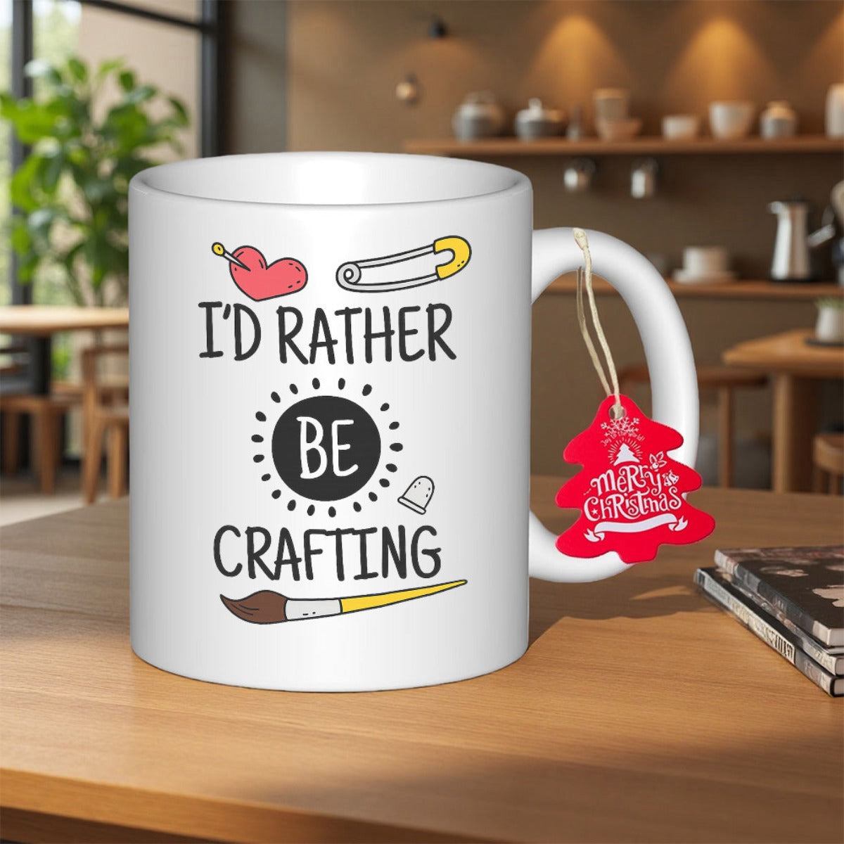 Tailorly White Ceramic 11 oz Mug - Id Rather Be Crafting Decorative Sewing Tools Featuring Safety Pin Thimble And Paintbrush Illustration