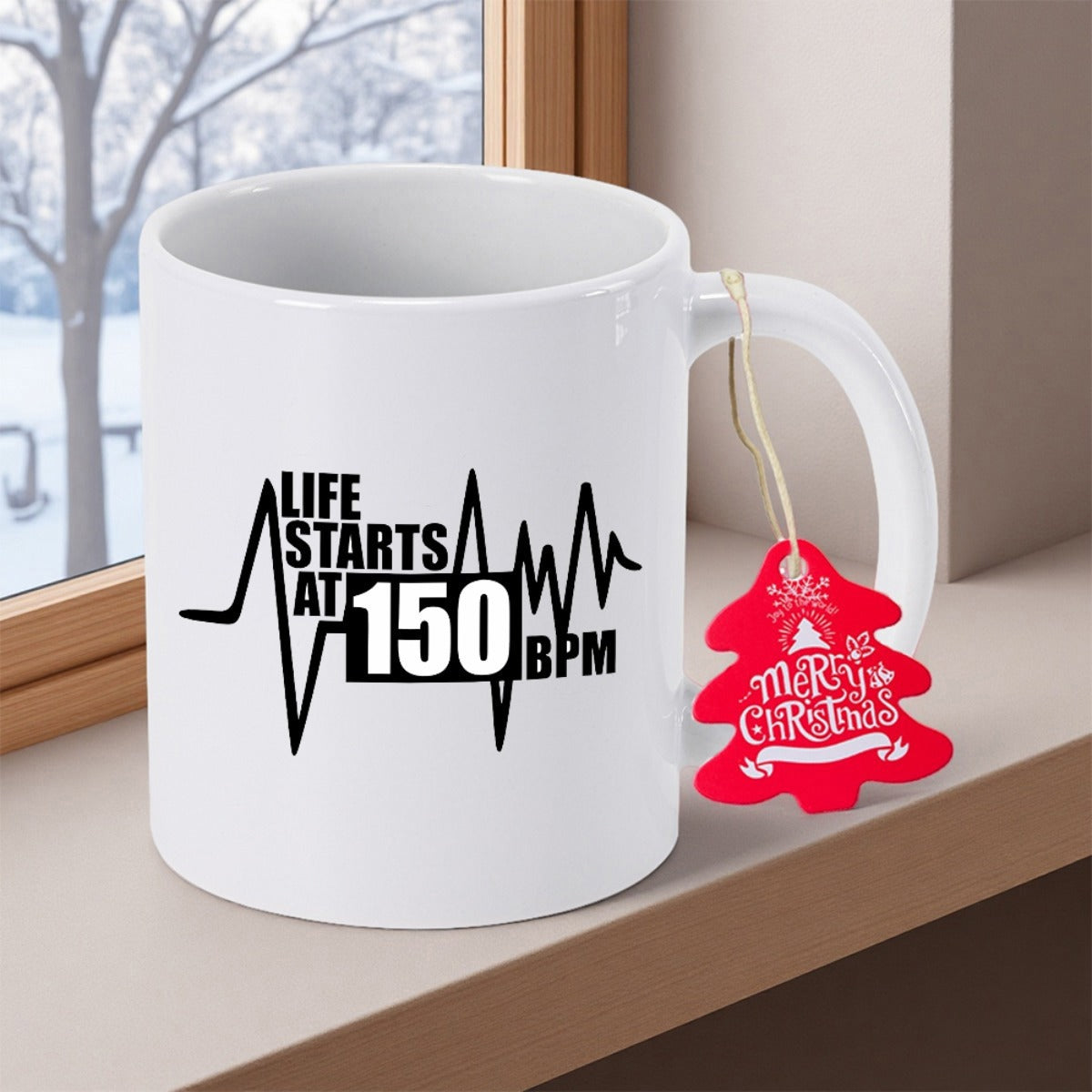 Tailorly White Ceramic 11 oz Mug - Life Starts At 150 BPM Minimalist Black EKG Pulse Line Representing High Energy Active Lifestyle Heartbeat