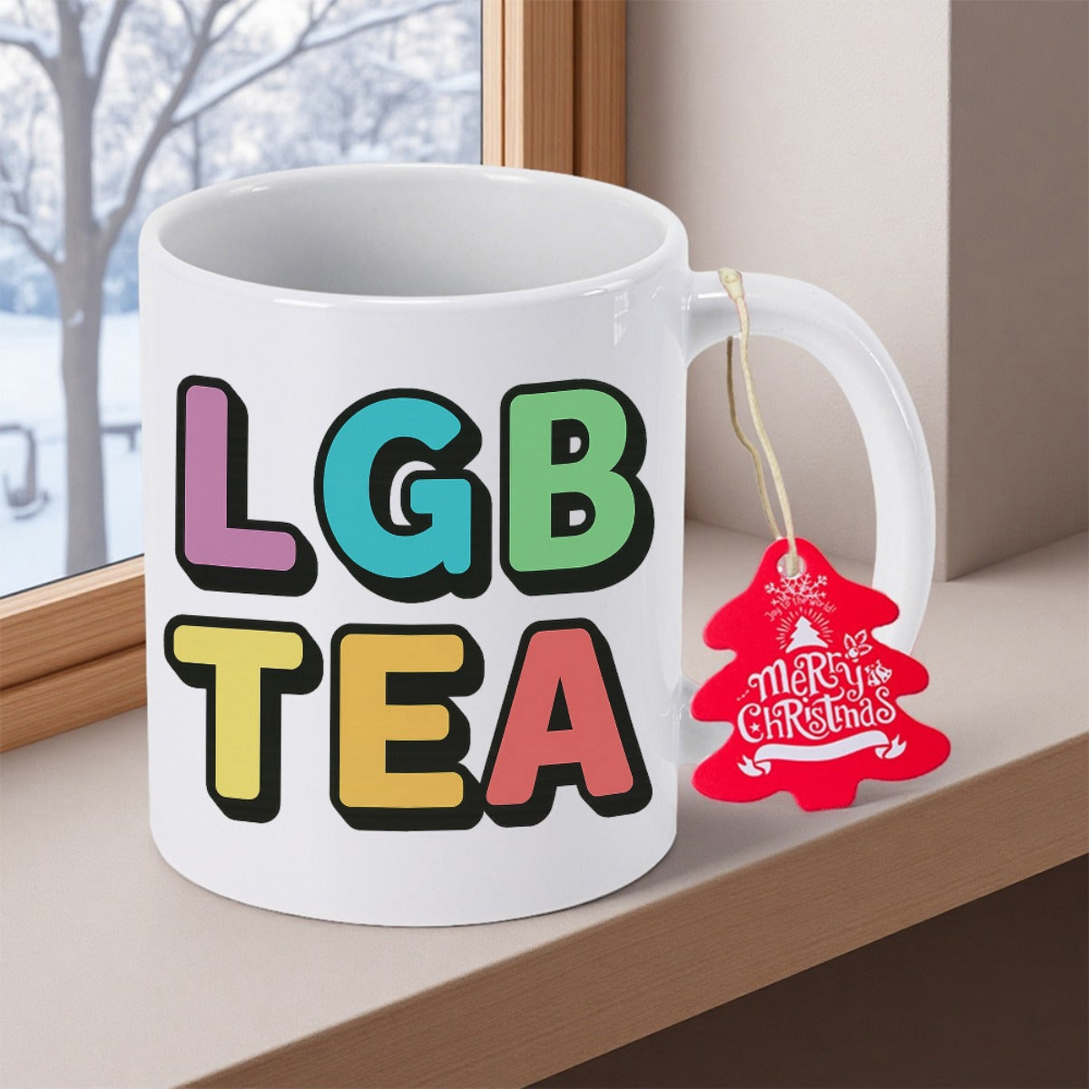 Tailorly White Ceramic 11 oz Mug - Lgb Tea Colorful Rounded 3D Block Letters With Black Shadows In Vibrant Pastel Shades Lettering