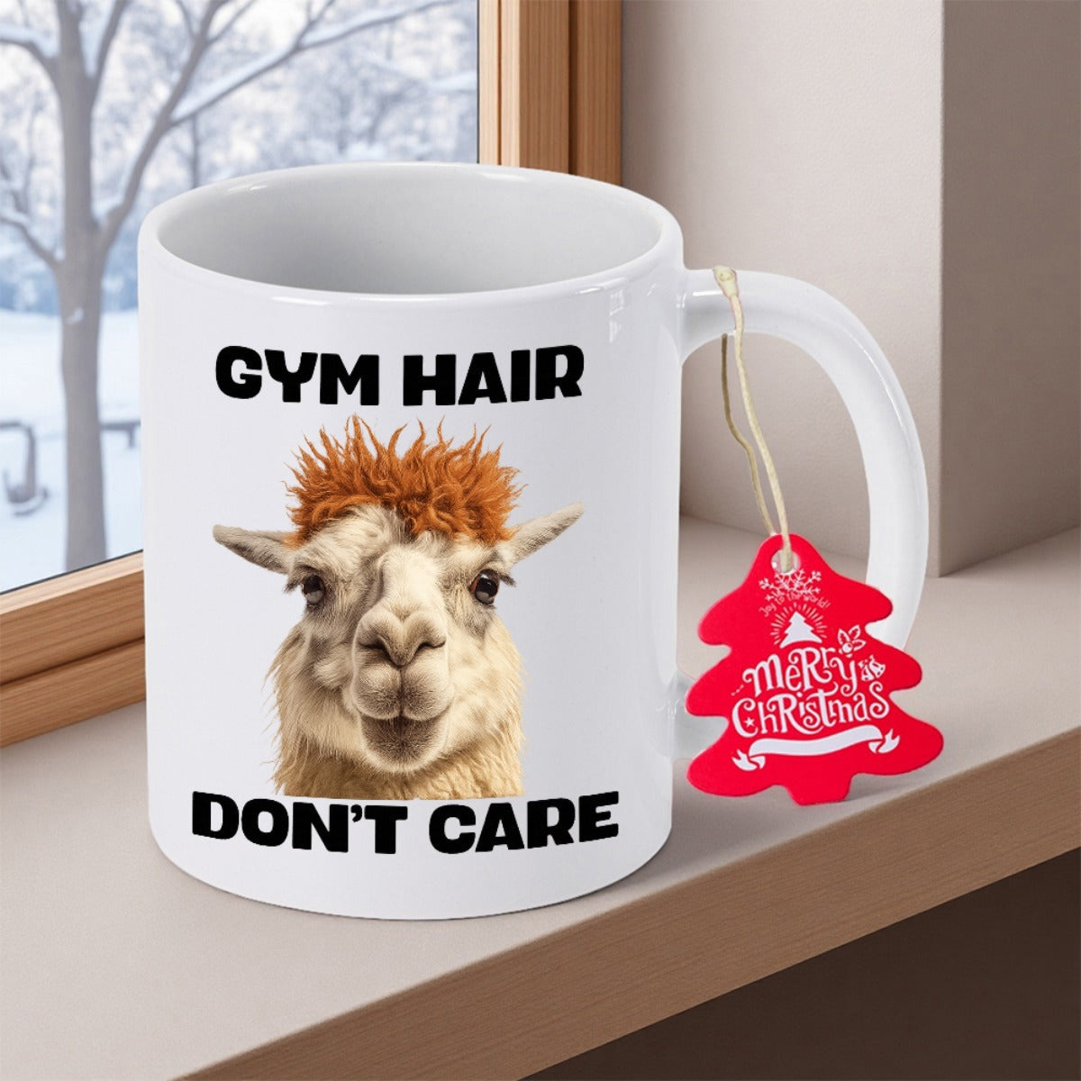 Tailorly White Ceramic 11 oz Mug - Gym Hair Don't Care Realistic Funny Animal With Messy Orange Hair Portrait Llama