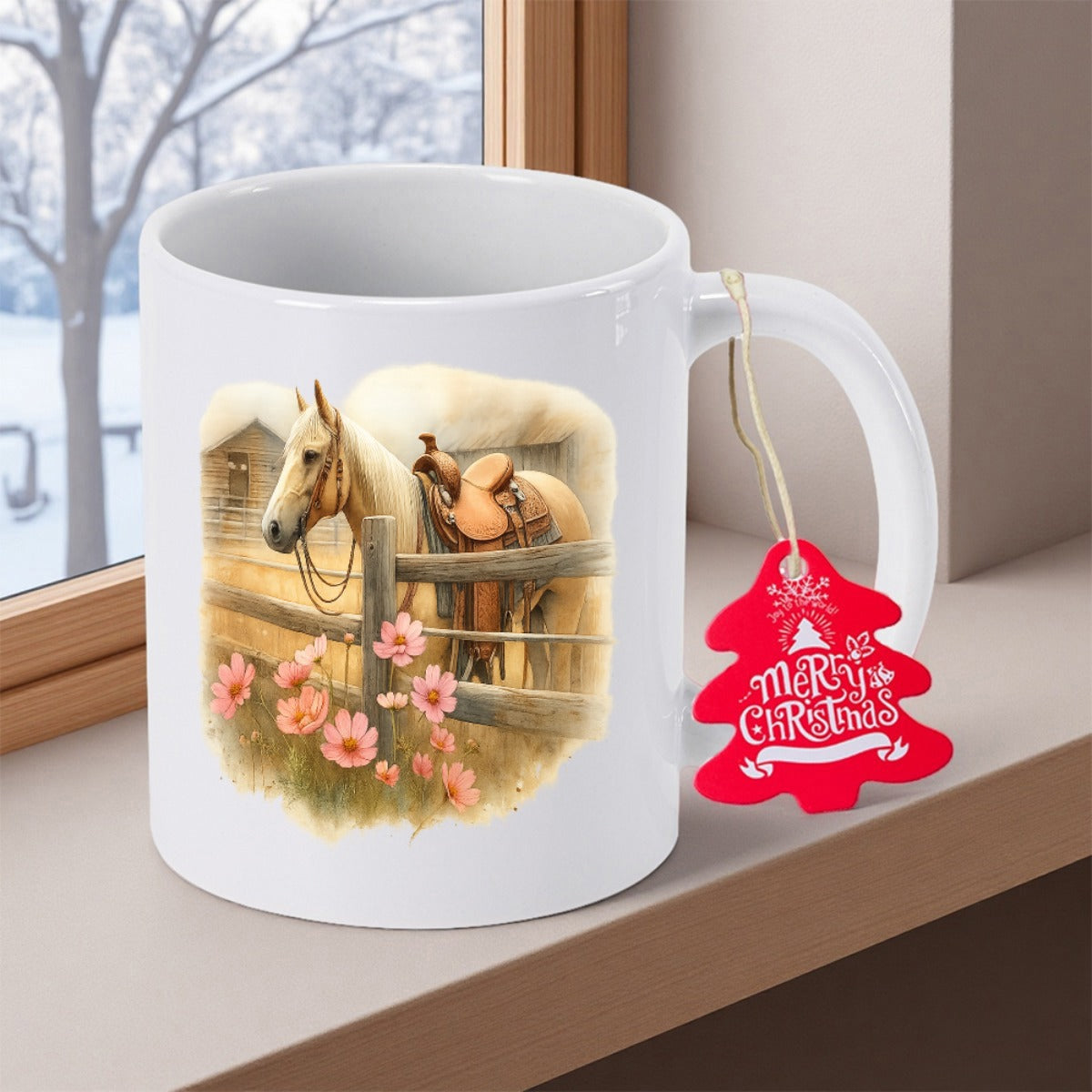 Tailorly White Ceramic 11 oz Mug - Merry Christmas Majestic Tan Horse Standing Behind Wooden Fence With Blooming Pink Flowers Horse