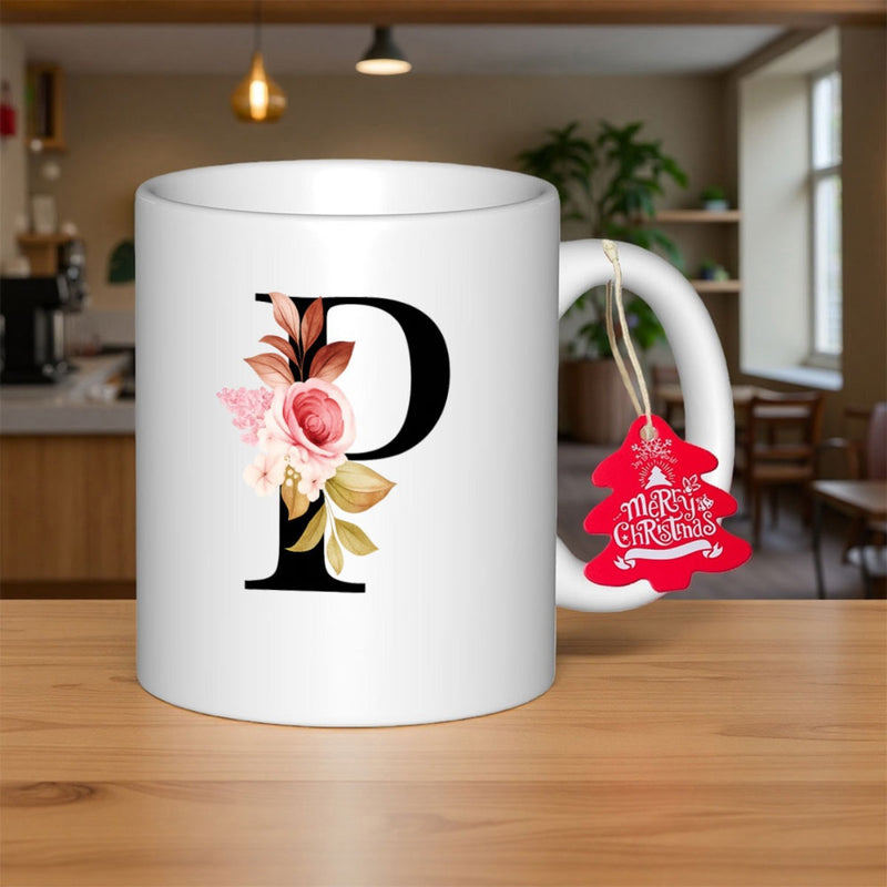 Tailorly White Ceramic 11 oz Mug - P Elegant With Pink Flowers Decorating A Black Letter Mug