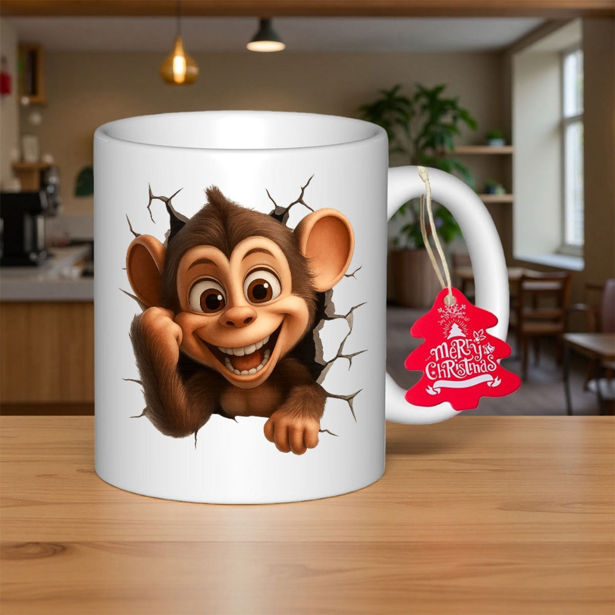 Tailorly White Ceramic 11 oz Mug - Merry Christmas Playful Cartoon Monkey Breaking Through Cracked Wall With A Joyful Smile Monkey