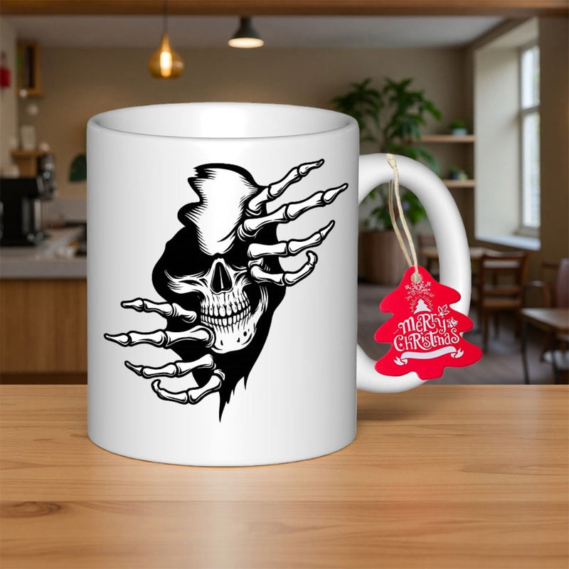 Tailorly White Ceramic 11 oz Mug - Merry Christmas Grungy Skeletal Hands Tearing Through Dark Shadows In Edgy Gothic Style Skull
