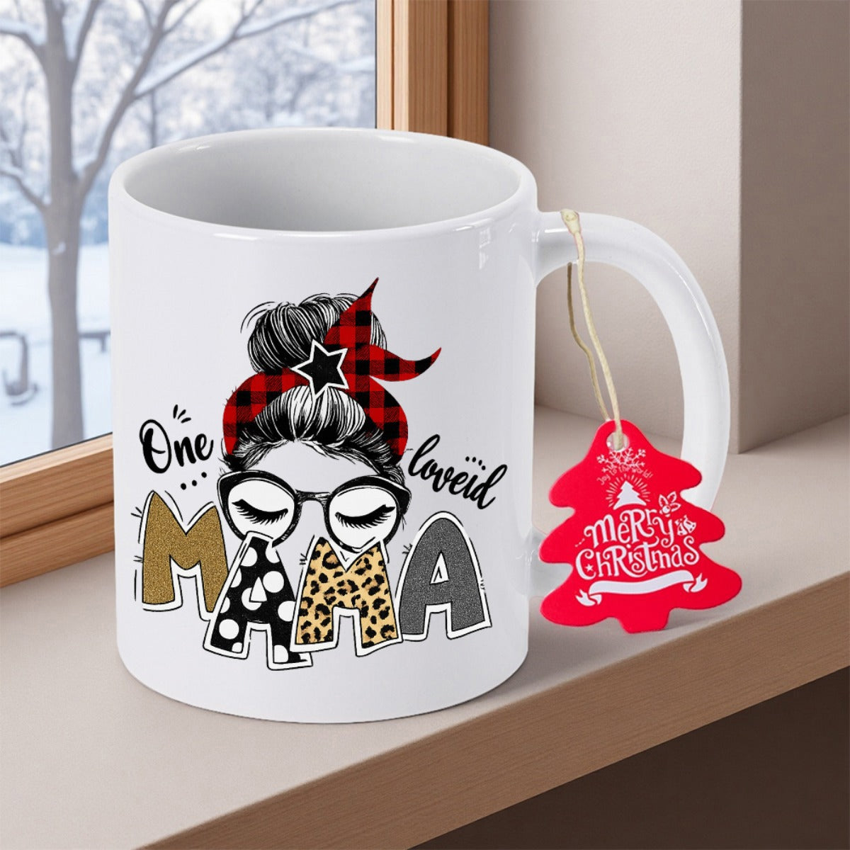 Tailorly White Ceramic 11 oz Mug - One Loved Mama Hand Drawn Messy Bun Wearing Glasses And Plaid Headband Woman