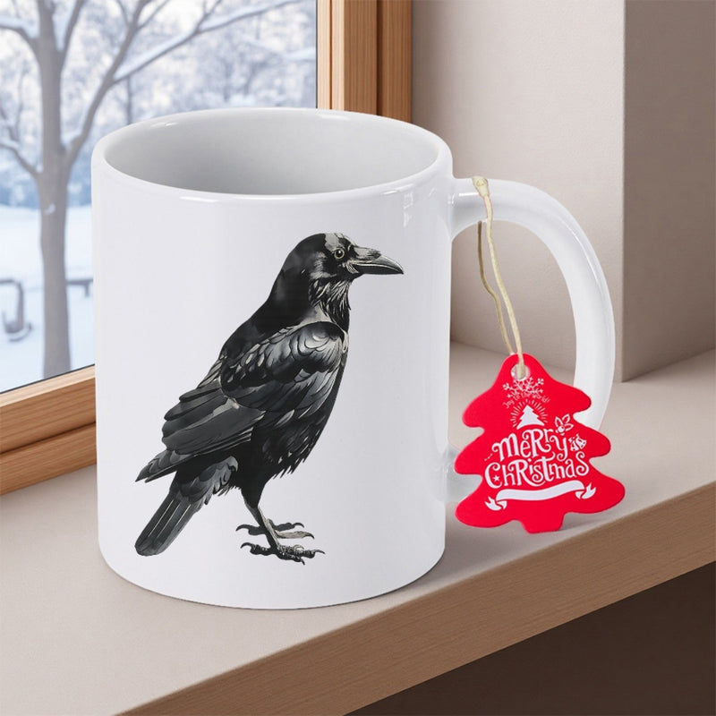 Tailorly White Ceramic 11 oz Mug - Merry Christmas Detailed Hand Drawn Black Ink Sketch Of A Mysterious Wild Raven