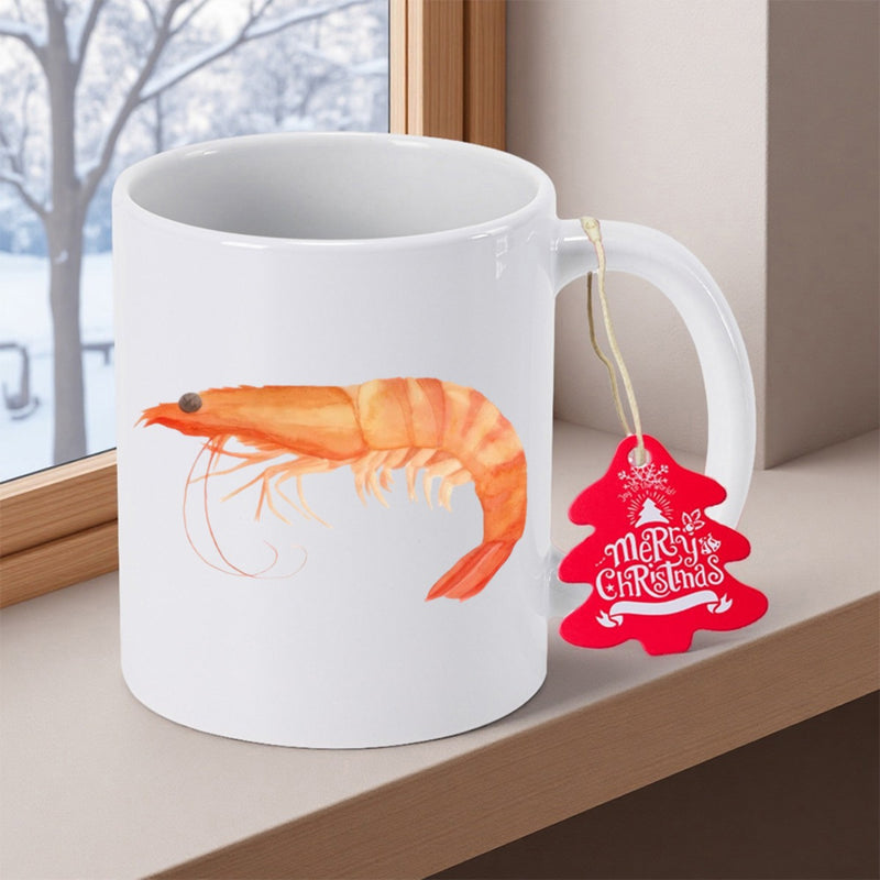 Tailorly White Ceramic 11 oz Mug - Detailed Watercolor Illustration Featuring A Vibrant Orange Cooked Fresh Seafood Shrimp