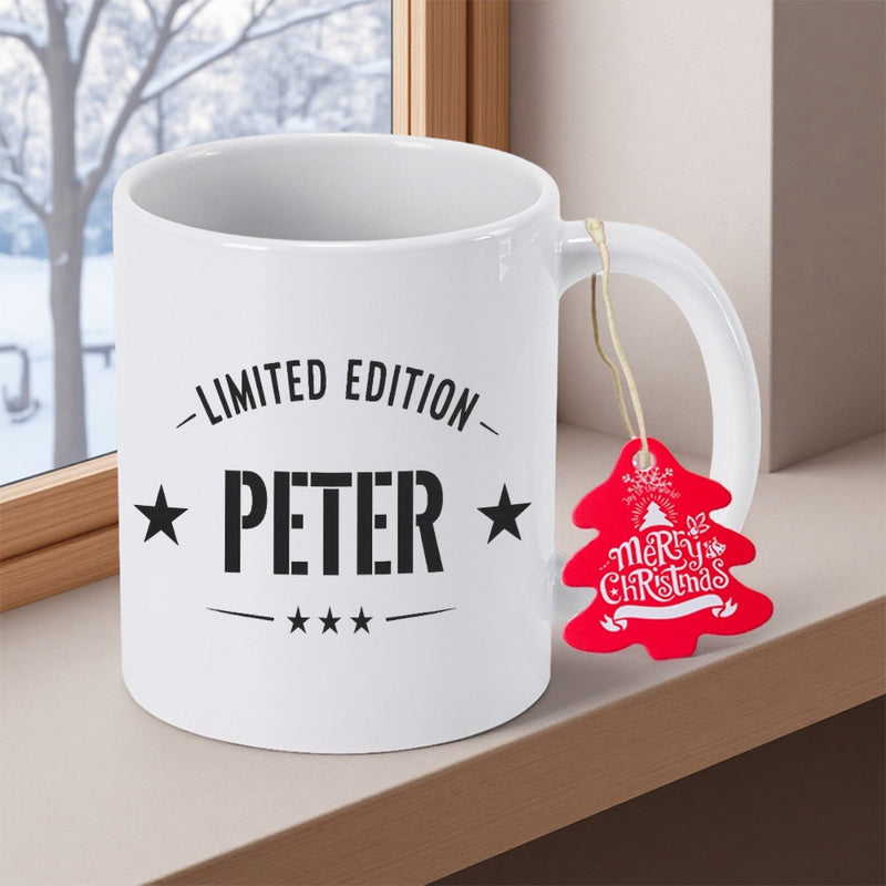Tailorly White Ceramic 11 oz Mug - Limited Edition Peter Merry Christmas Minimalist Featuring Bold Typography And Decorative Stars Mug