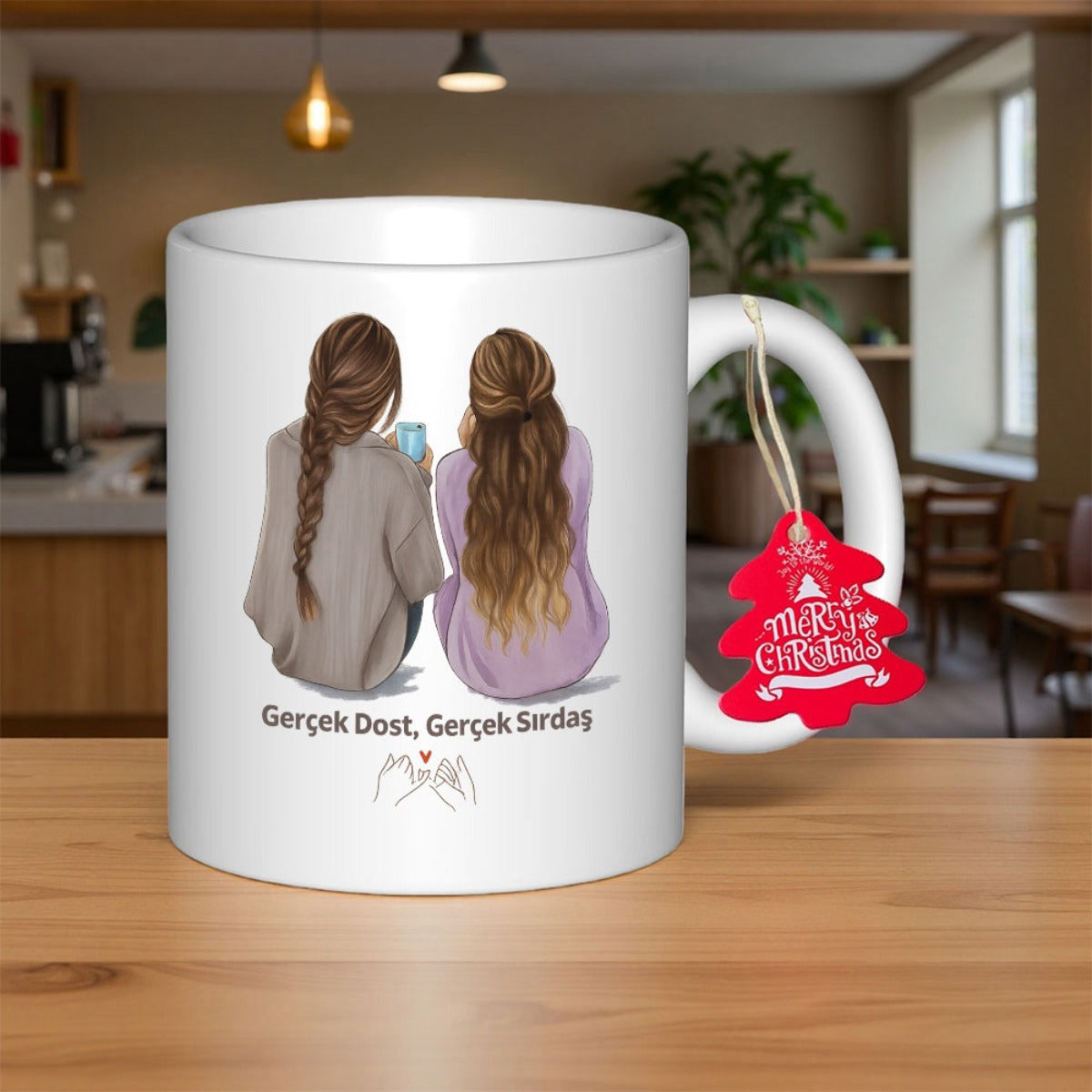 Tailorly White Ceramic 11 oz Mug - Merry Christmas Two Friends Sitting Close Together With Long Beautiful Braided Hair Illustration