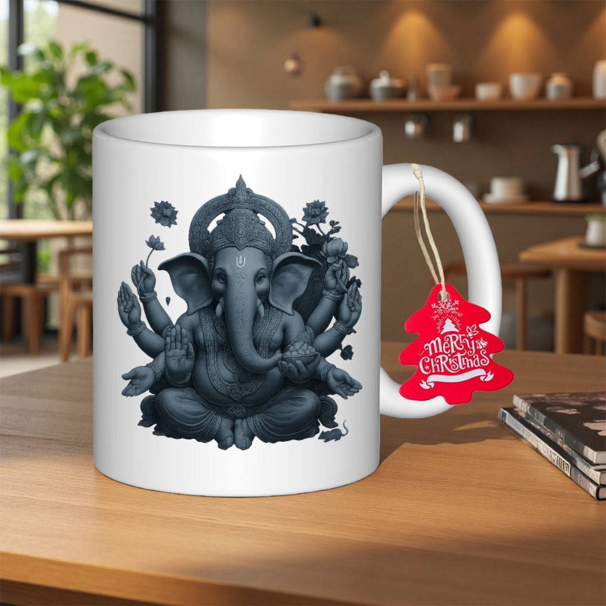 Tailorly White Ceramic 11 oz Mug - Merry Christmas Statue Of Sacred Hindu Deity Sitting Peacefully Among Beautiful Lotus Flowers Ganesha