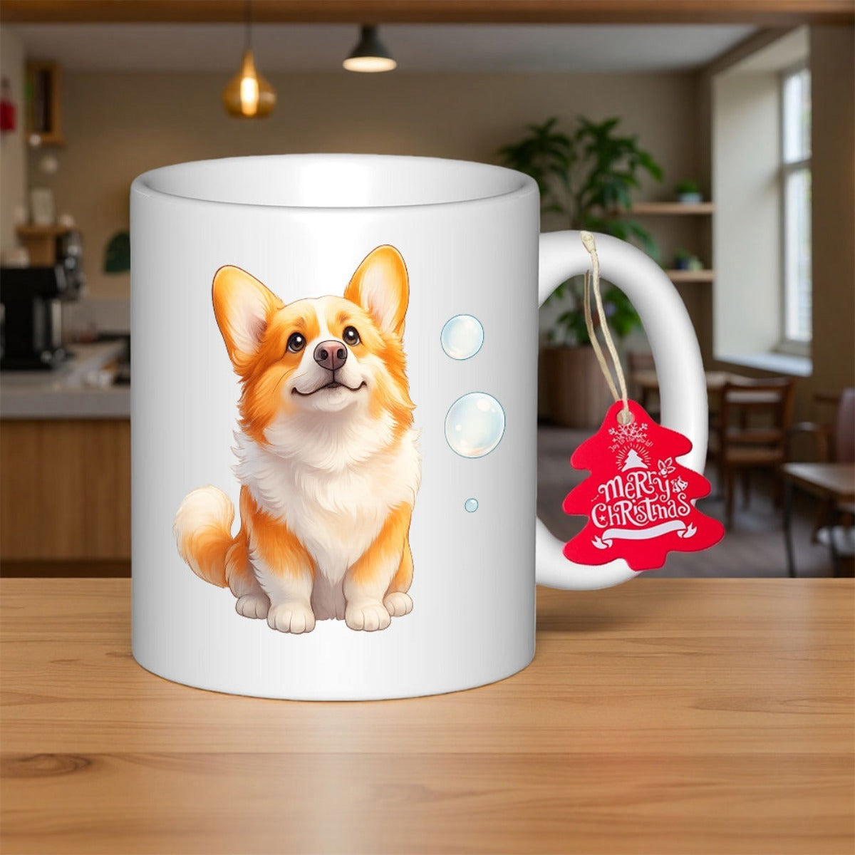 Tailorly White Ceramic 11 oz Mug - Merry Christmas Adorable Fluffy Puppy Sitting Gracefully Surrounded By Soft Bubbles Corgi