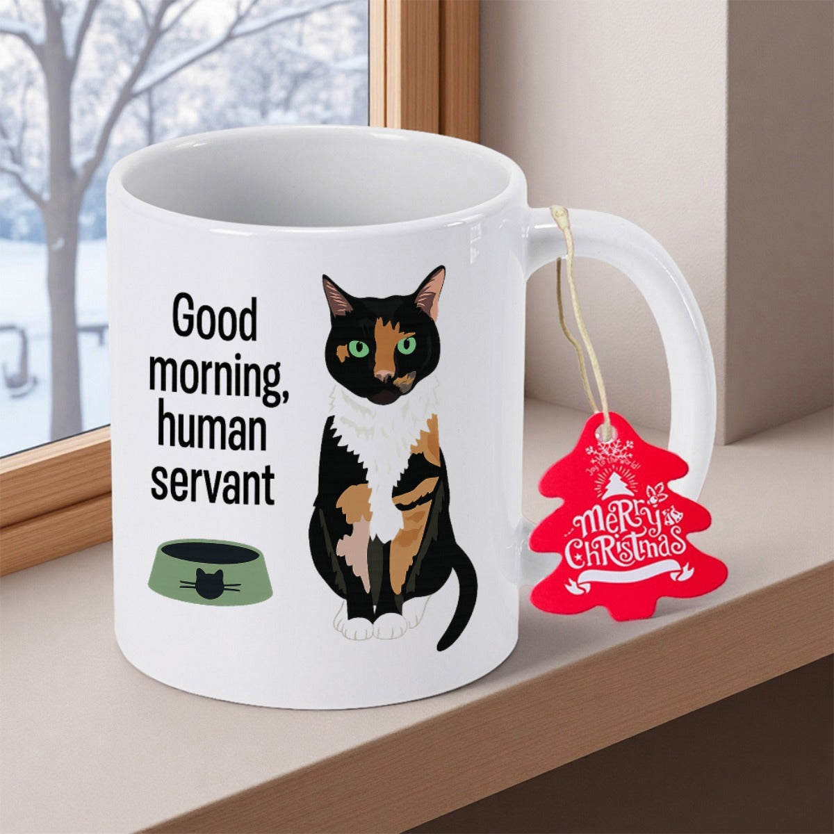 Tailorly White Ceramic 11 oz Mug - Good Morning Human Servant Adorable Calico Cat Sitting Beside Small Green Food Cat