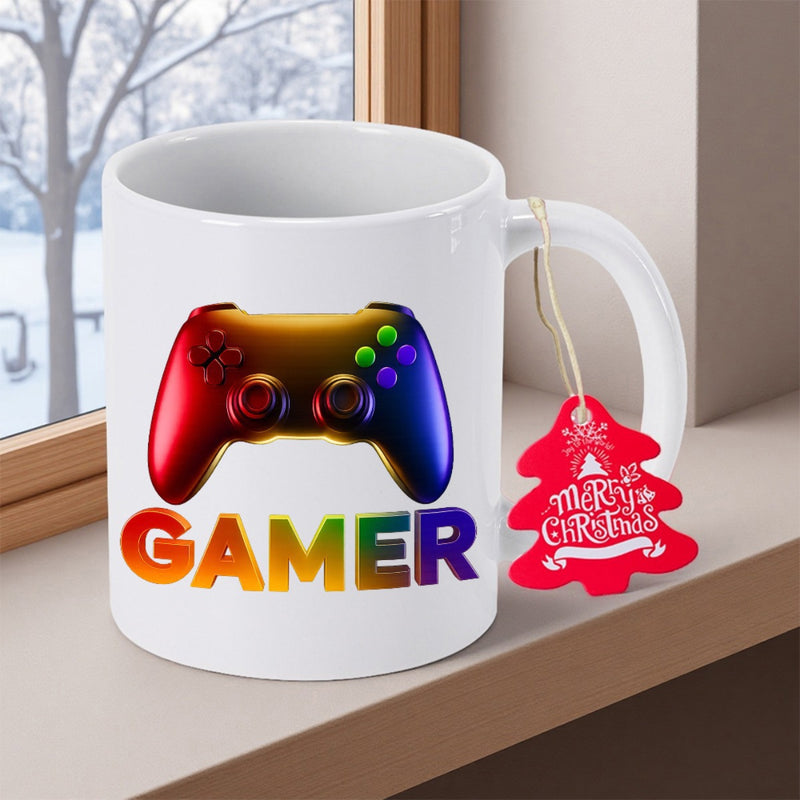 Tailorly White Ceramic 11 oz Mug - Gamer Vibrant Rainbow Gradient Modern Video Game Handheld Remote Device For Playful Entertainment Controller