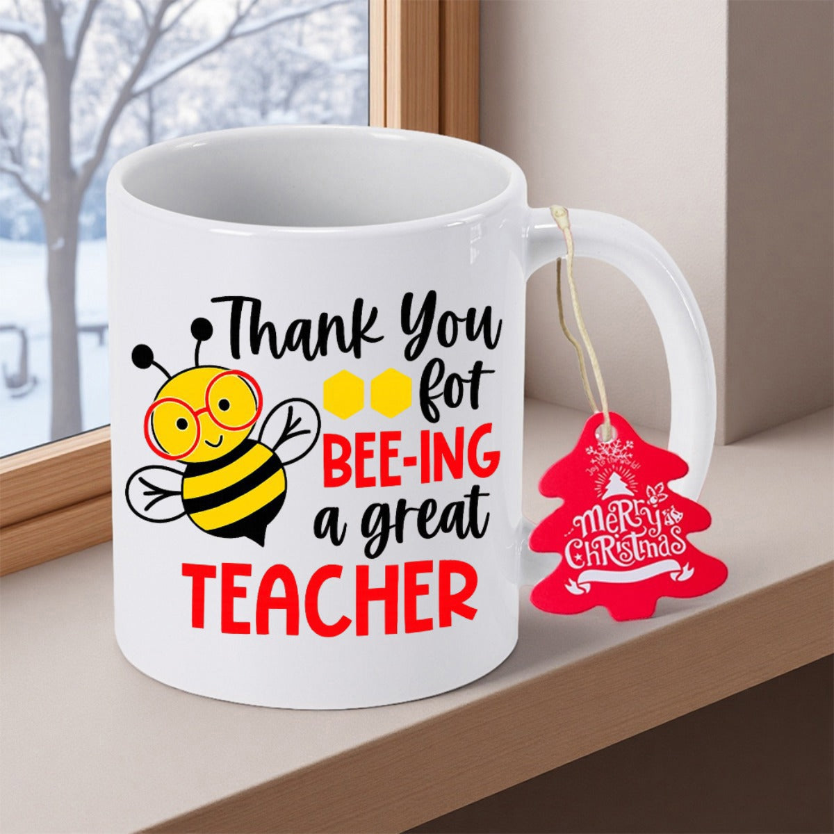 Tailorly White Ceramic 11 oz Mug - Thank You For Beeing A Great Teacher Cute Smiling Cartoon Bee Wearing Glasses Beside Yellow Honeycomb Patterns Mug
