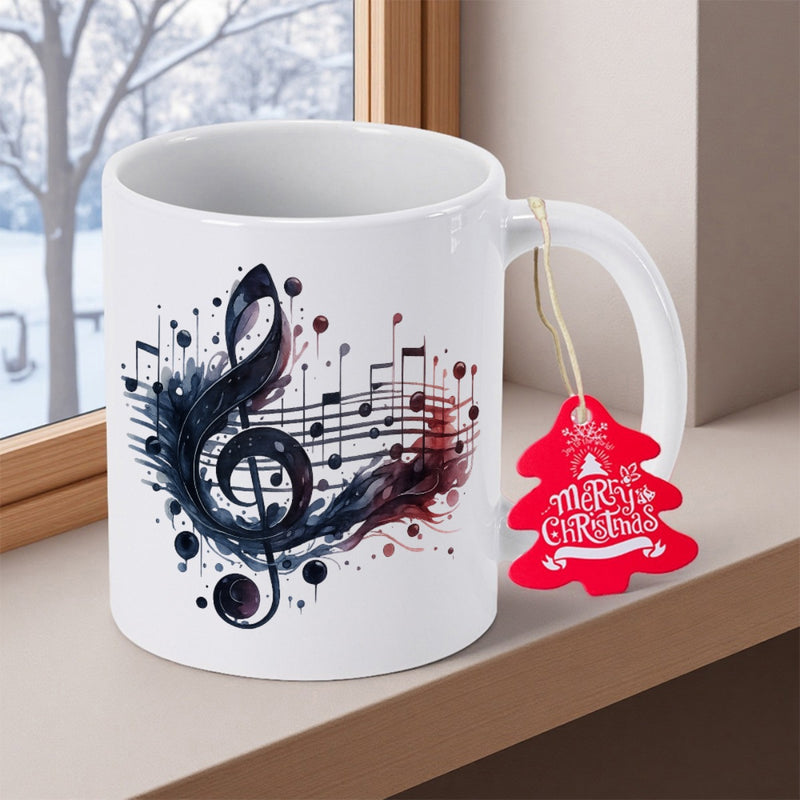 Tailorly White Ceramic 11 oz Mug - Merry Christmas Splashing Watercolor Musical Notes Flowing Through Abstract Dynamic Lines Clef