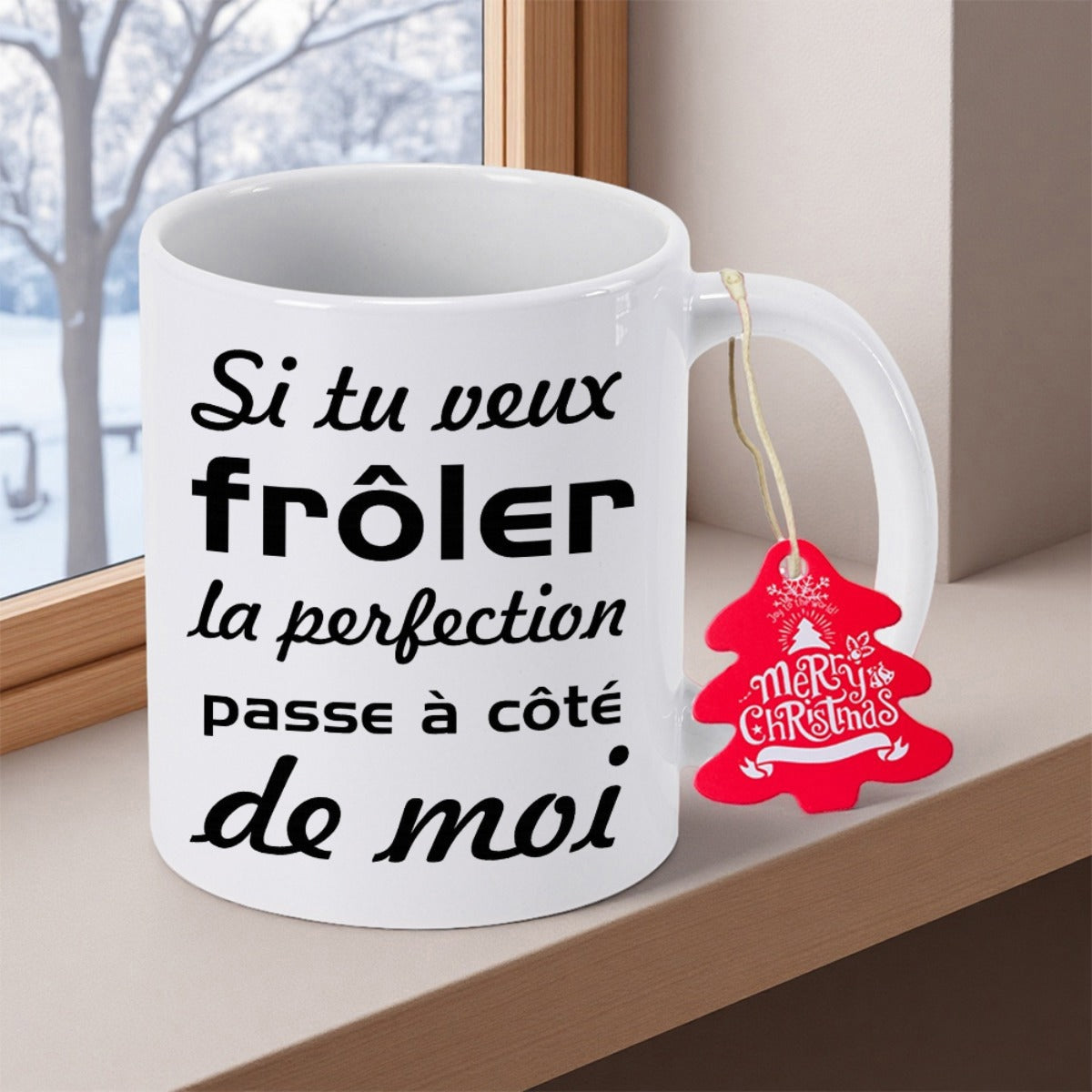 Tailorly White Ceramic 11 oz Mug - Merry Christmas Minimalist White Ceramic Featuring Artistic French Script Print And Decorative Red Tag Mug