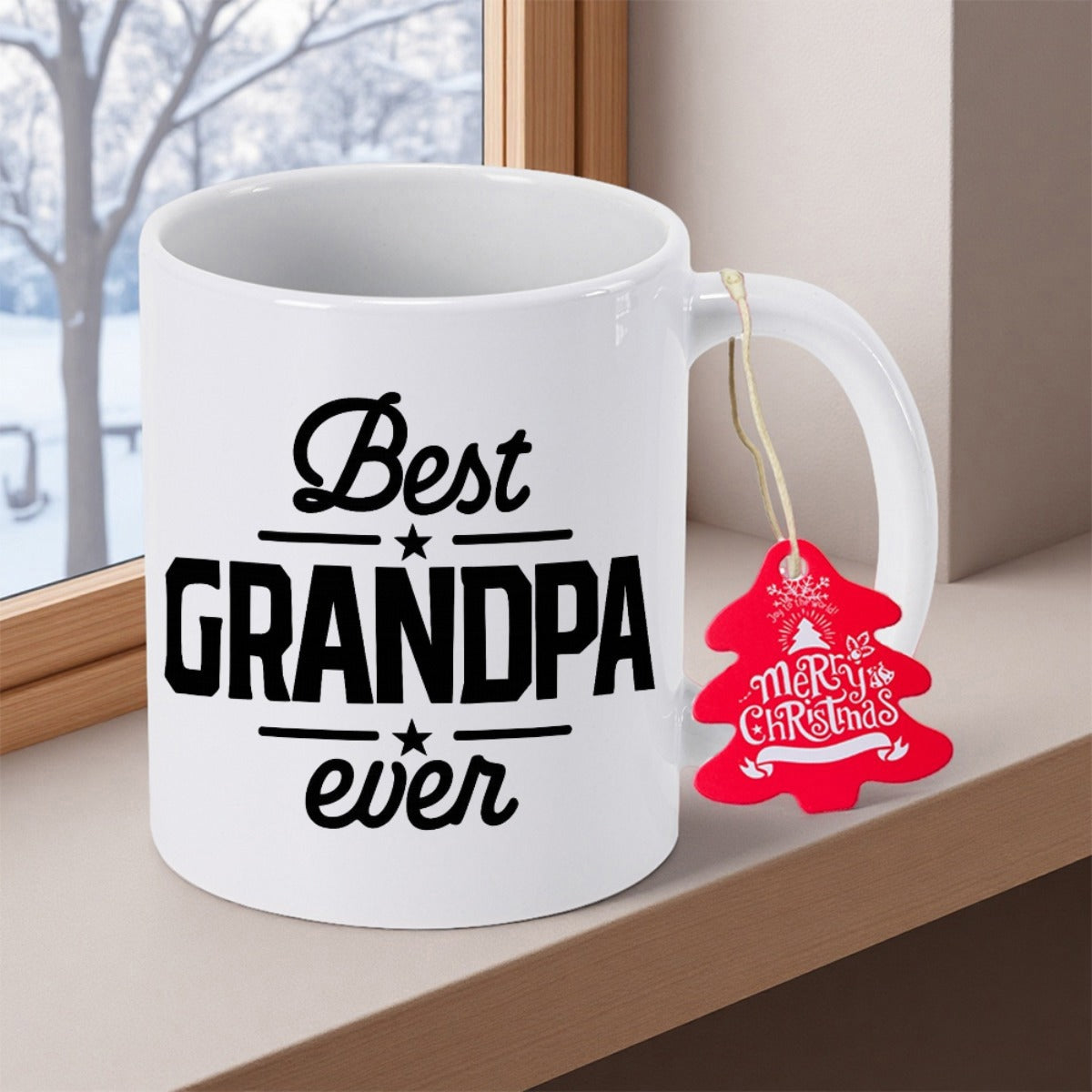 Tailorly White Ceramic 11 oz Mug - Best Grandpa Ever Merry Christmas White Minimalist Ceramic Vessel Featuring Bold Black Script And Festive Tag Mug