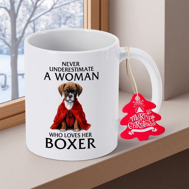 Tailorly White Ceramic 11 oz Mug - Never Underestimate A Woman Who Loves Her Boxer Adorable Little Puppy Wearing Festive Red Cape Sitting In Calm Pose Boxer