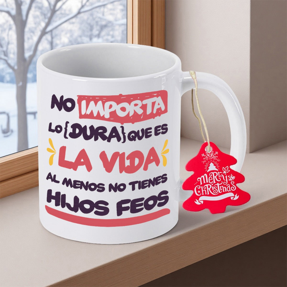 Tailorly White Ceramic 11 oz Mug - Merry Christmas Elegant White Ceramic Cup Resting On Ledge Near Bright Window Mug