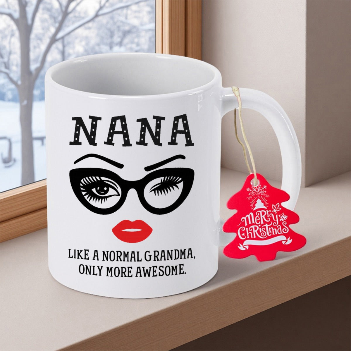 Tailorly White Ceramic 11 oz Mug - Nana Like A Normal Grandma Only More Awesome Stylish Feminine Illustration With Chic Cat Eye Glasses And Red Lips Face