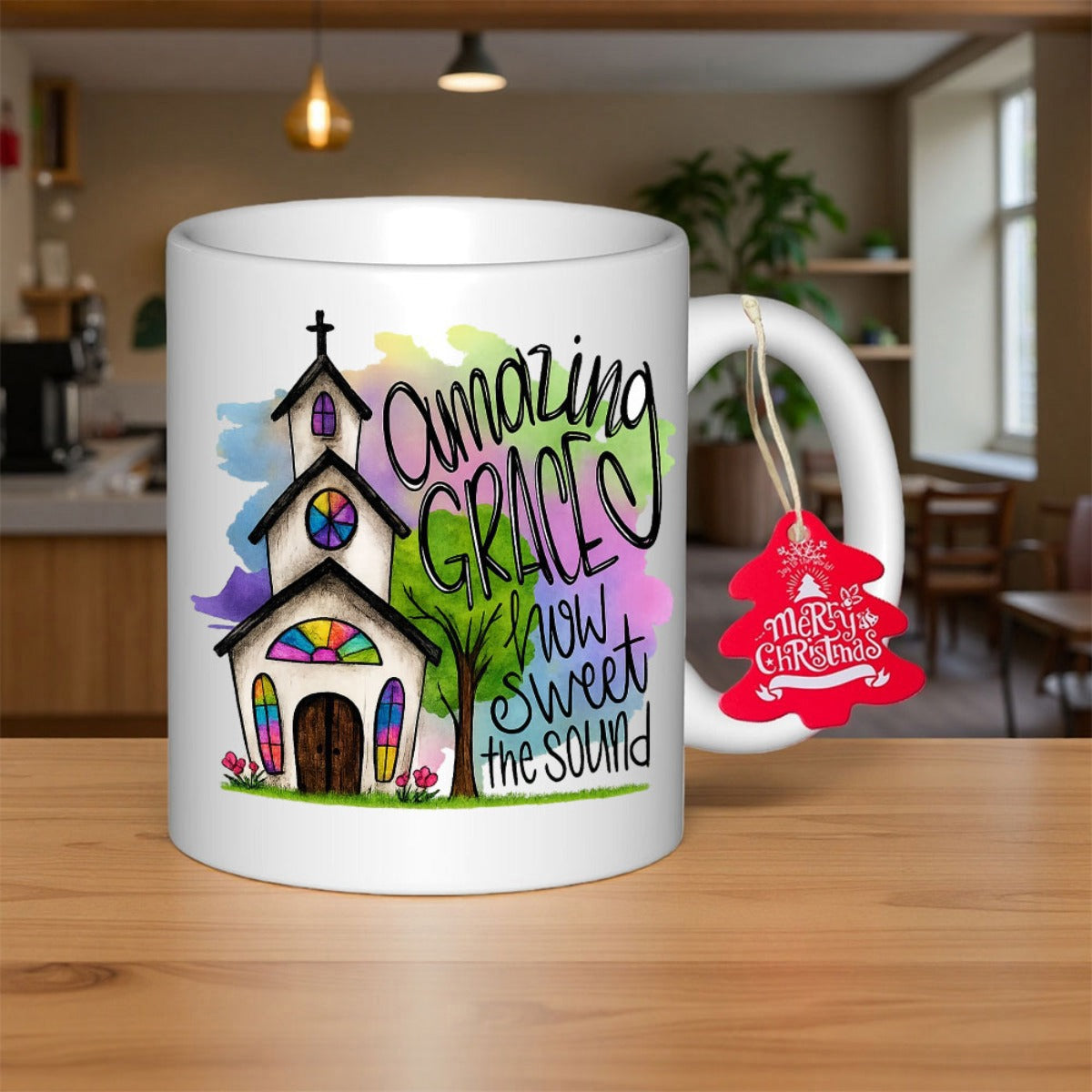 Tailorly White Ceramic 11 oz Mug - Amazing Grace How Sweet The Sound Whimsical Religious Building With Colorful Watercolor Church