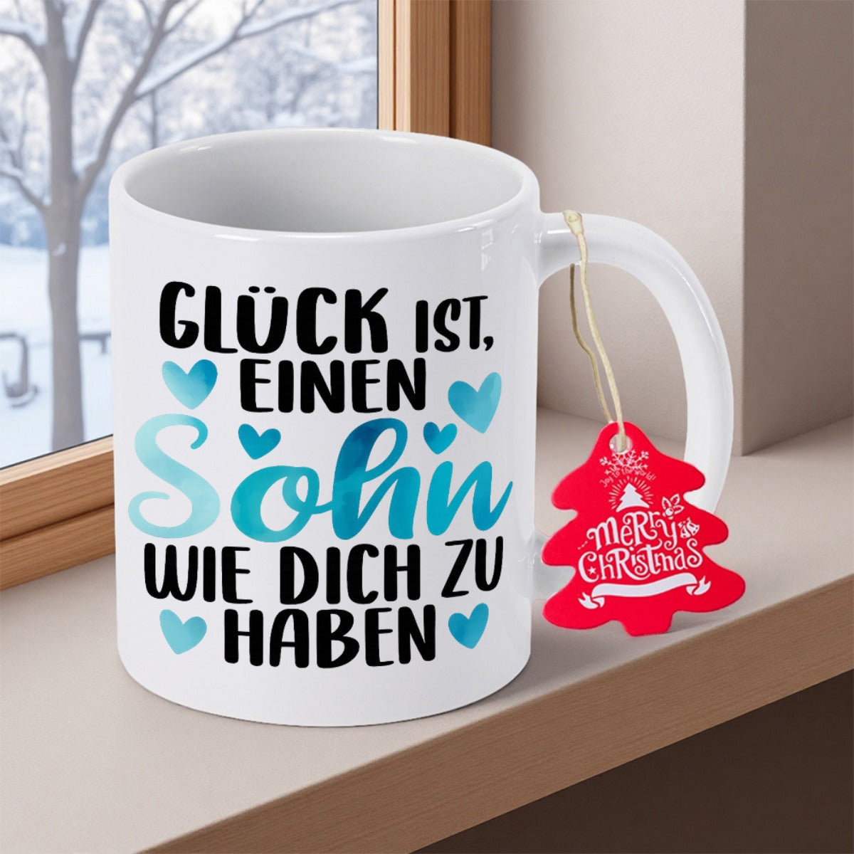 Tailorly White Ceramic 11 oz Mug - Merry Christmas Elegant White Ceramic With Blue Hearts And Red Festive Tag Mug