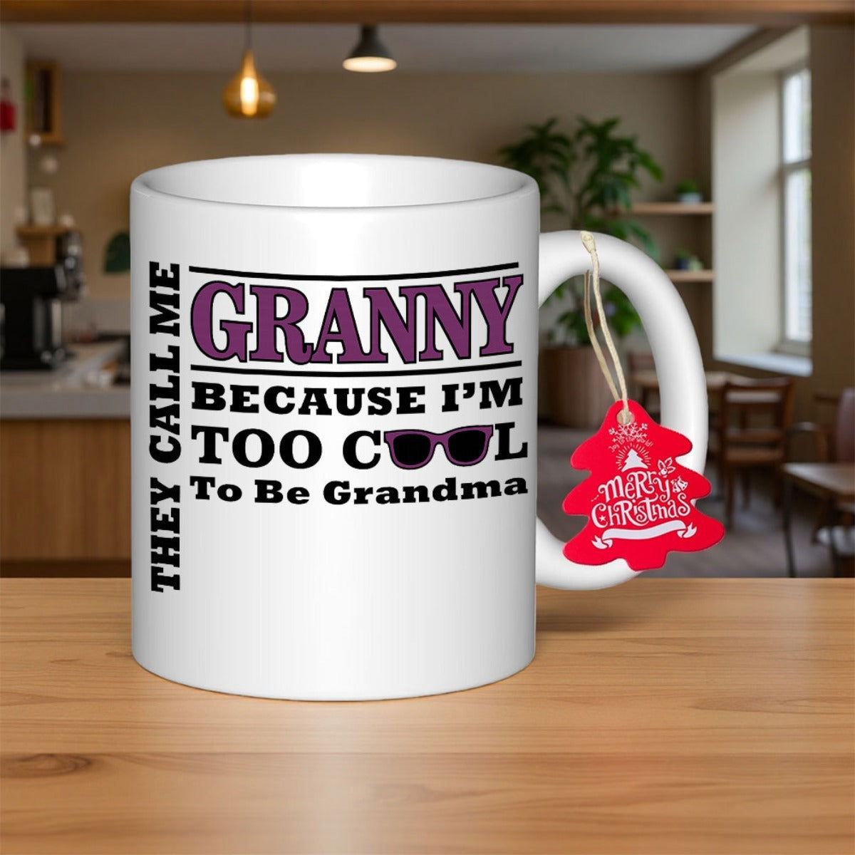 Tailorly White Ceramic 11 oz Mug - They Call Me Granny Because I Am Too Cool To Be Grandma Stylish Sunglasses Icon Between Horizontal Decorative Lines Across A