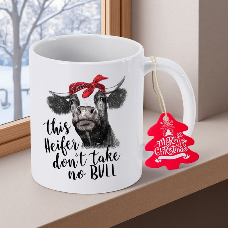 Tailorly White Ceramic 11 oz Mug - This Heifer Dont Take No Bull Hand Drawn Rustic Cow Wearing Patterned Red Bandana Head Heifer