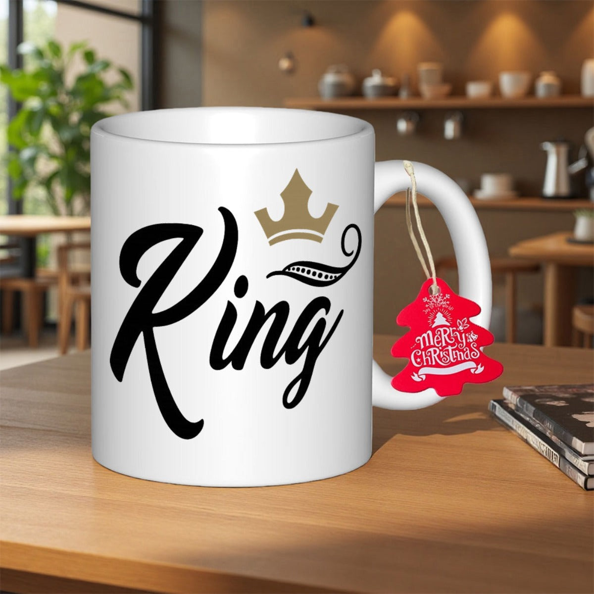 Tailorly White Ceramic 11 oz Mug - King Elegant Golden Crown Resting Above Stylized Decorative Cursive Script Crown