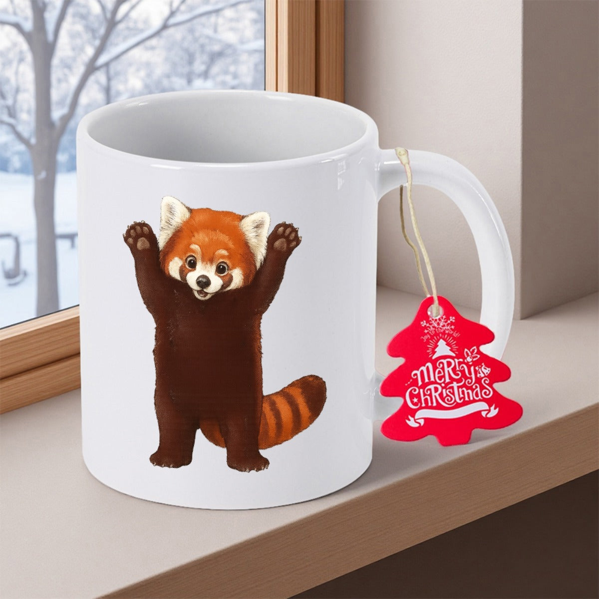 Tailorly White Ceramic 11 oz Mug - Merry Christmas Standing With Paws Up In A Cute Greeting Pose Red Panda