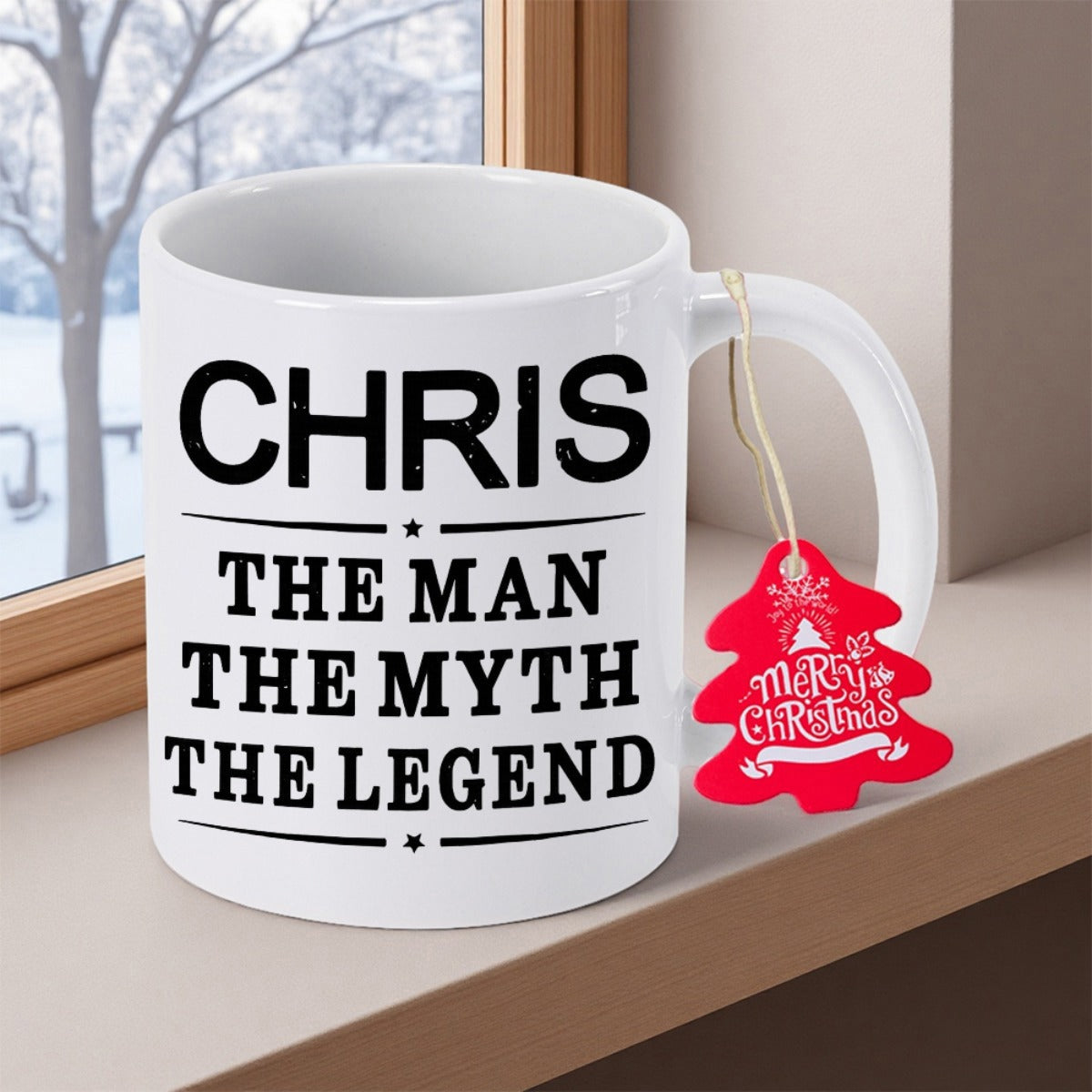 Tailorly White Ceramic 11 oz Mug - Chris The Man The Myth The Legend Bold Typography Featuring Horizontal Lines And Decorative Small Stars Legend