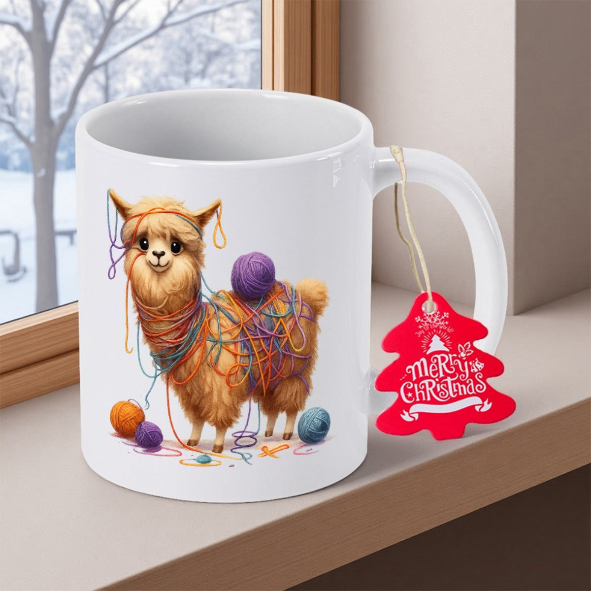 Tailorly White Ceramic 11 oz Mug - Merry Christmas Adorable Fluffy Creature Wrapped In Colorful Knitted Wool Yarn Balls Alpaca