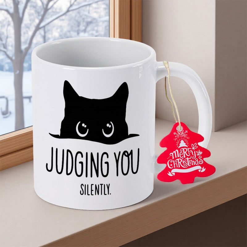 Tailorly White Ceramic 11 oz Mug - Judging You Silently Peeking Minimalist Black Silhouette With Large Expressive Eyes Cat