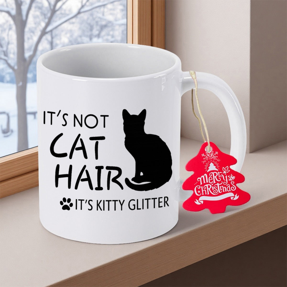 Tailorly White Ceramic 11 oz Mug - Its Not Cat Hair Its Kitty Glitter Mysterious Black Silhouette Of A Graceful Sitting Pet Cat