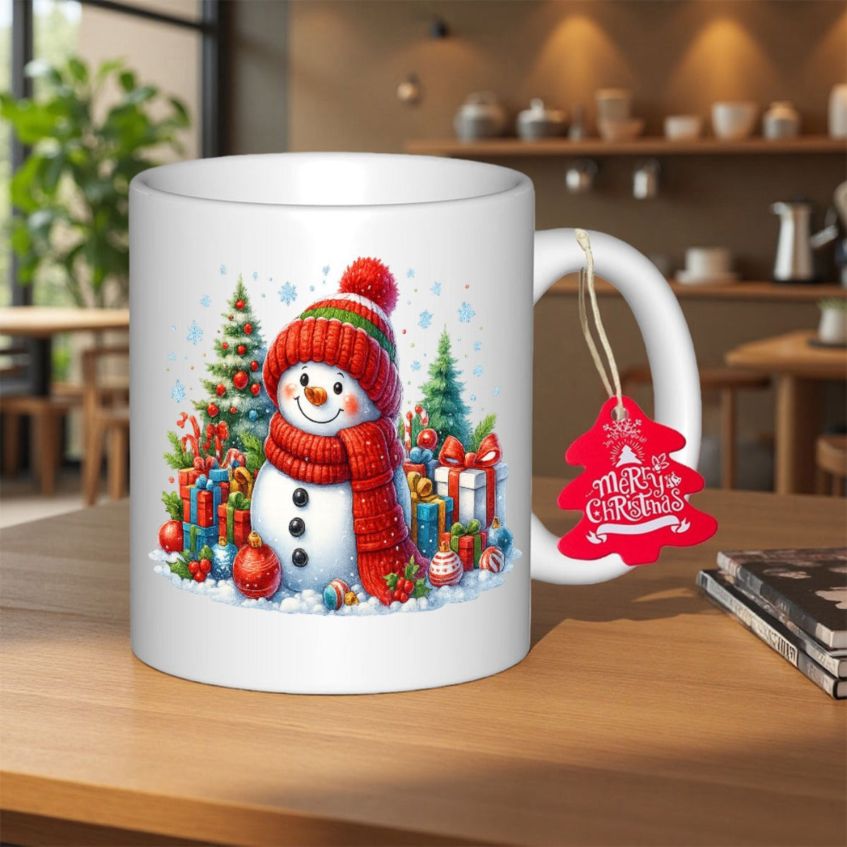 Tailorly White Ceramic 11 oz Mug - Merry Christmas Festive Snowman Wearing Red Winter Scarf Among Decorative Christmas Trees Snowman