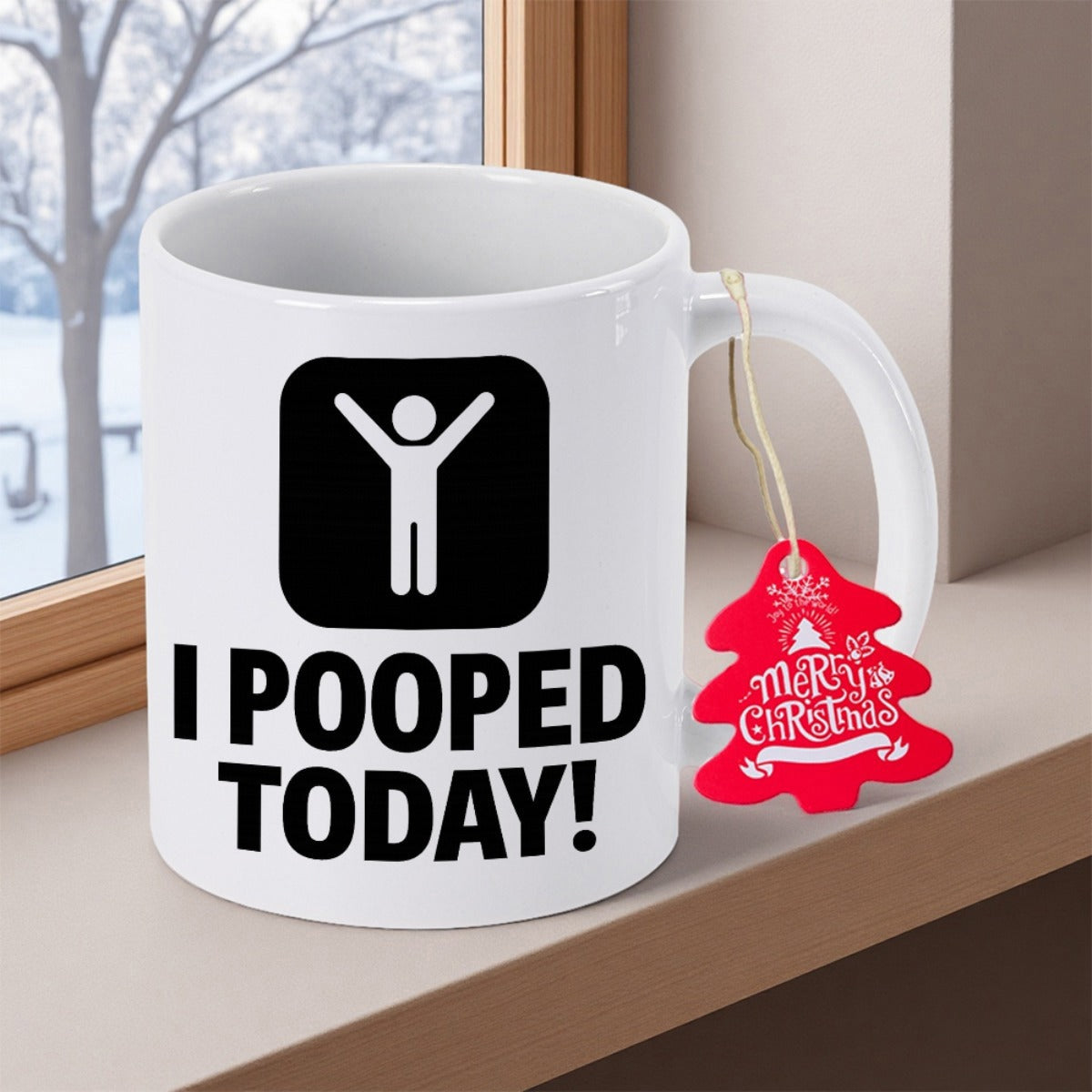 Tailorly White Ceramic 11 oz Mug - I Pooped Today Simple Minimalist Stick Figure Celebrating Success Inside A Solid Black Square Icon