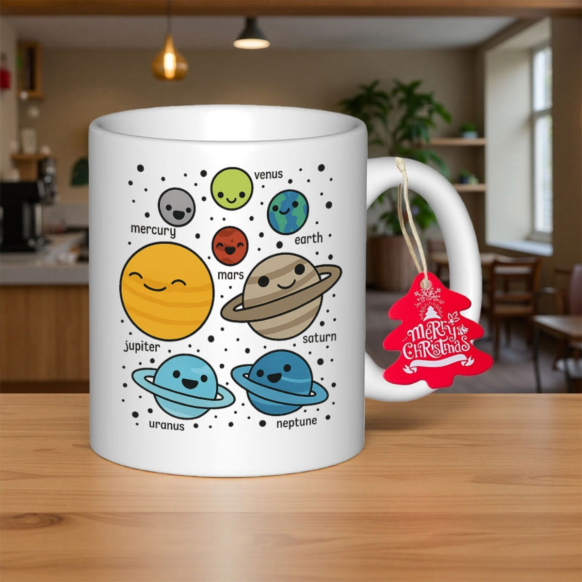 Tailorly White Ceramic 11 oz Mug - Mercury Venus Earth Mars Jupiter Saturn Uranus Neptune Cute Cartoon Solar System With Friendly Smiling Faces Floating In Space