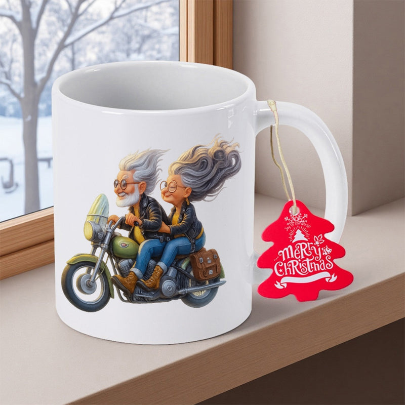 Tailorly White Ceramic 11 oz Mug - Merry Christmas Elderly Couple Riding A Classic Green Motorcycle With Long Flowing Hair Couple