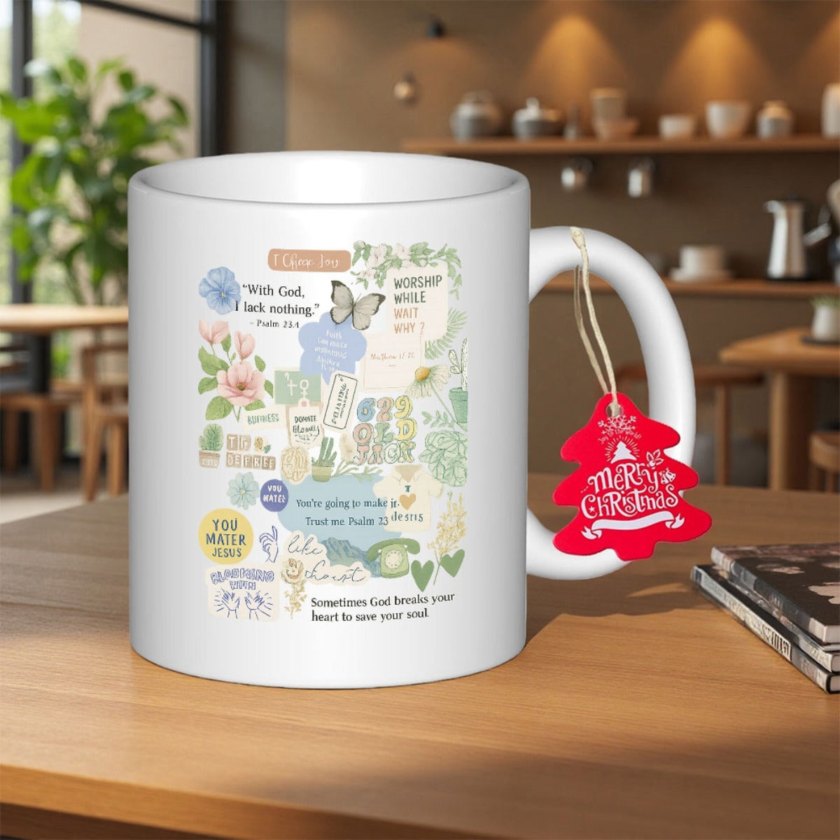 Tailorly White Ceramic 11 oz Mug - With God Lack Nothing Vibrant Butterfly And Botanical Stickers Among Delicate Floral Patterns Mug