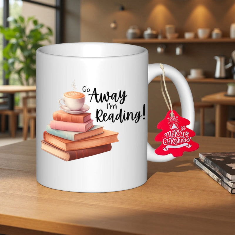 Tailorly White Ceramic 11 oz Mug - Go Away I M Reading Steaming Cup Of Coffee Resting On Top Of Stacked Colorful Books