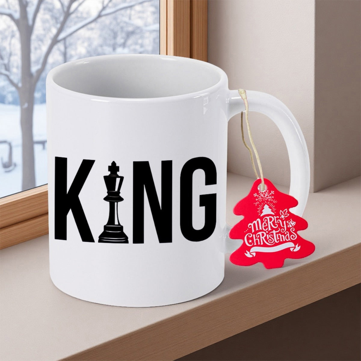 Tailorly White Ceramic 11 oz Mug - King Bold Black Block Letters Featuring A Detailed Silhouette Of A Chess King