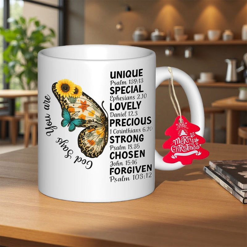 Tailorly White Ceramic 11 oz Mug - God Says You Are Unique Special Lovely Precious Strong Chosen Forgiven Artistic Floral Pattern Wings With Sunflowers And Vibrant