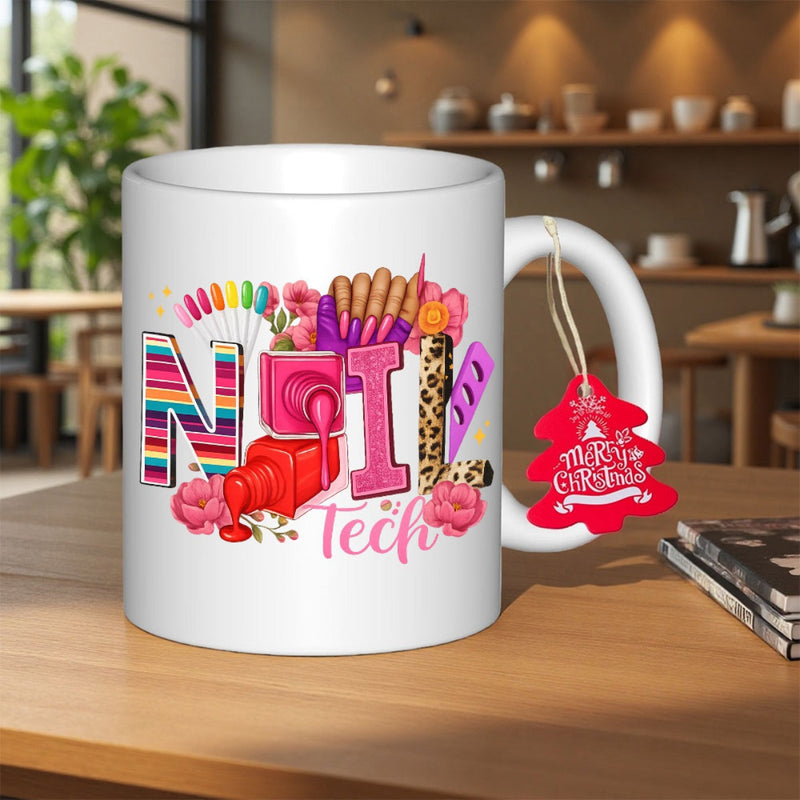Tailorly White Ceramic 11 oz Mug - Nail Tech Colorful Flowers Arranged Around Professional Salon Tools And Artistic Patterned Letters Design