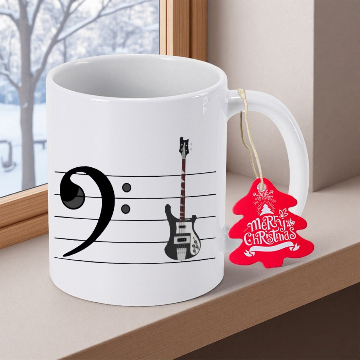 Tailorly White Ceramic 11 oz Mug - Merry Christmas Musical Staff Lines Featuring Elegant Electric Guitar Silhouette And Bold Artistic Bass Clef