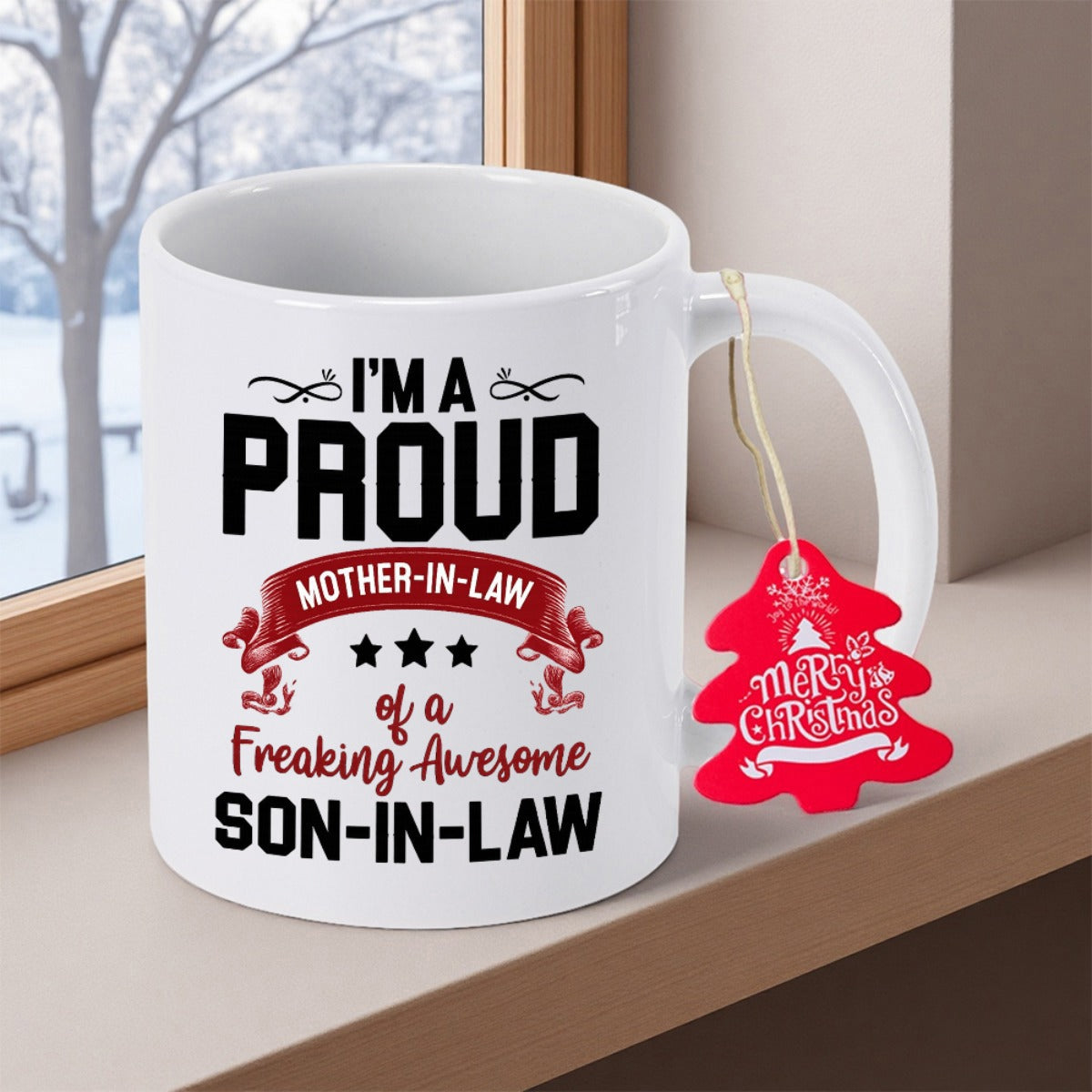 Tailorly White Ceramic 11 oz Mug - Im A Proud Mother In Law Of A Freaking Awesome Son In Law Classic Typographic Layout With Red Ribbon Banner And Three Decorative