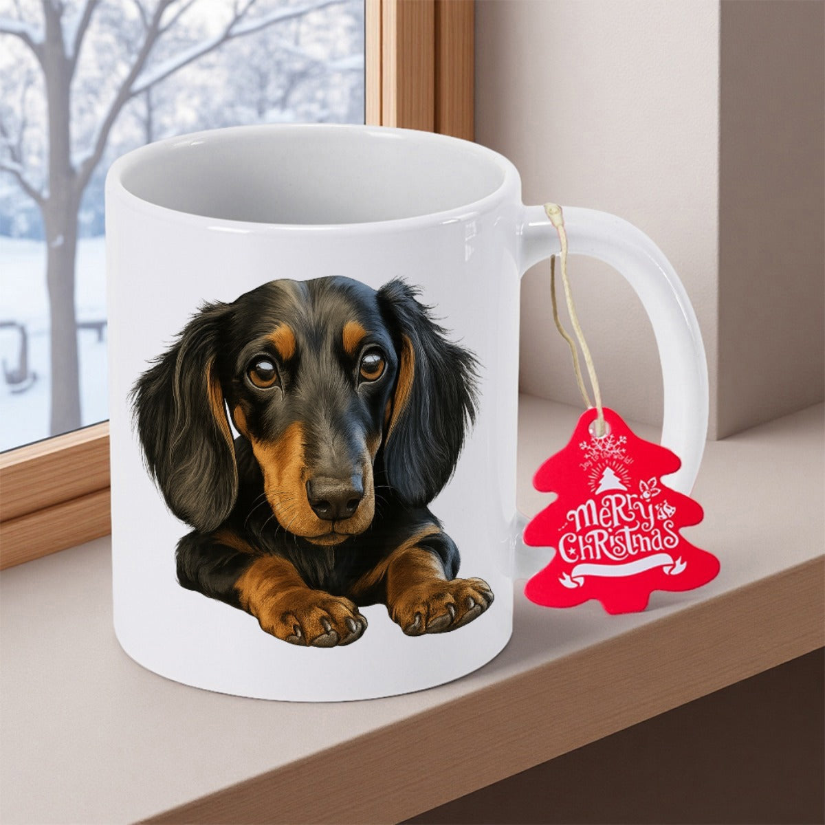Tailorly White Ceramic 11 oz Mug - Merry Christmas Realistic Brown And Black Long Haired Dog Looking Forward Attentively Dachshund