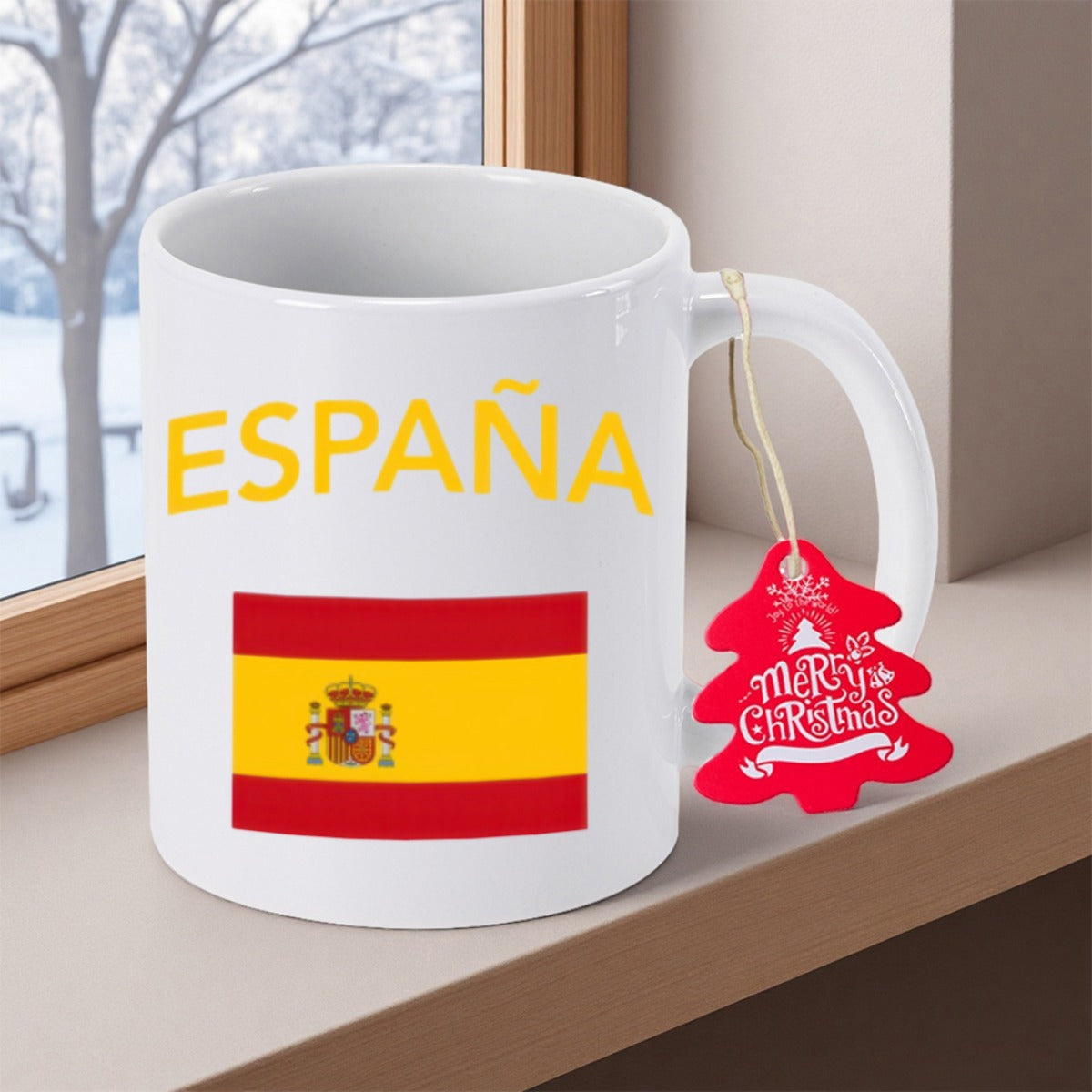 Tailorly White Ceramic 11 oz Mug - Espana National Spanish Flag With Bold Yellow Text Under Winter Window Light Flag